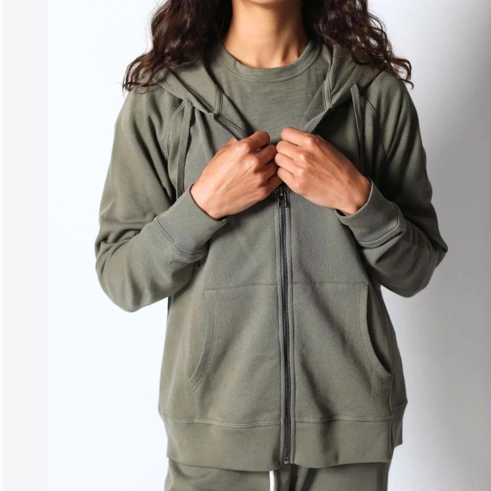Leallo Stella Zip Hoodie Dustoliv Olive Green Cotton Slub Women XS